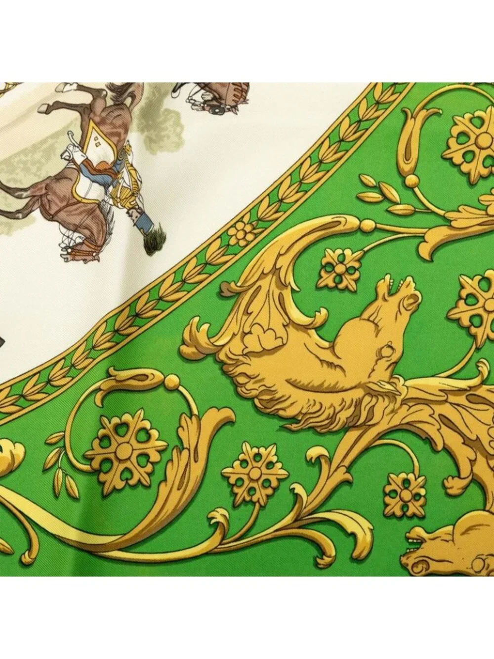 Hermes Carre 90 la Promenade de Longchamps Walkway to Ron Chien Scarf Green